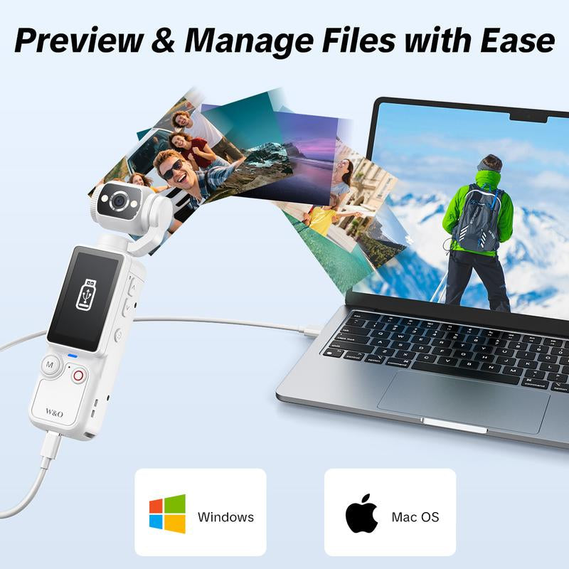W&O Portable 2.5K Ultra HD Video Recorder with 180° Rotating Lens, Handheld Stabilizer Pocket Camera