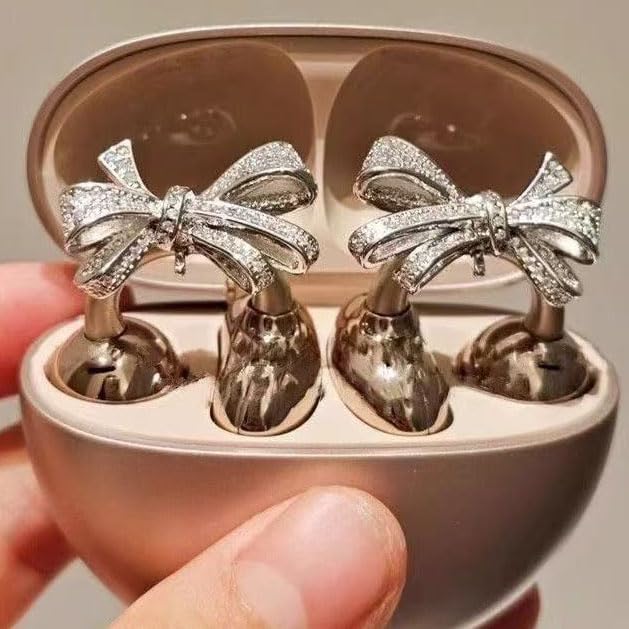 Bow Rhinestone تزيين سماعات Clip-On – Silver Bow Style D ديزاين فاخر make it long