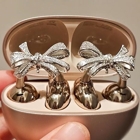 Bow Rhinestone تزيين سماعات Clip-On – Silver Bow Style D ديزاين فاخر make it long