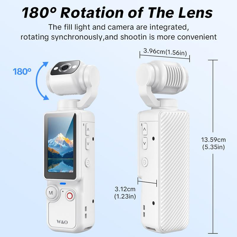 W&O Portable 2.5K Ultra HD Video Recorder with 180° Rotating Lens, Handheld Stabilizer Pocket Camera
