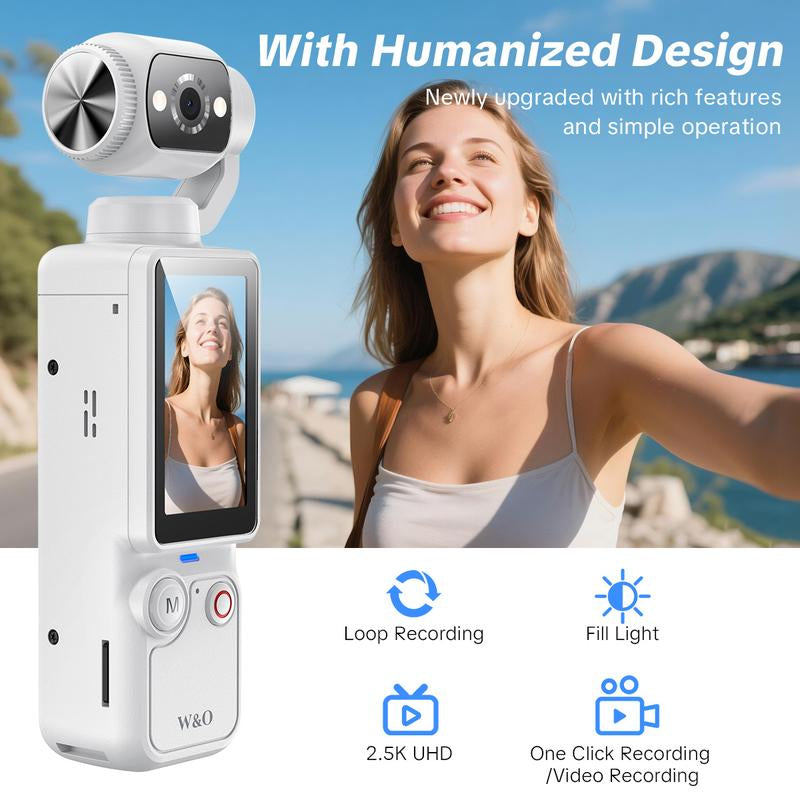 W&O Portable 2.5K Ultra HD Video Recorder with 180° Rotating Lens, Handheld Stabilizer Pocket Camera