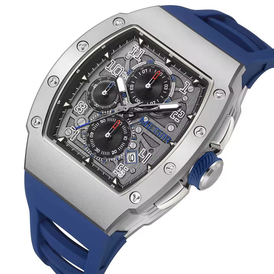 Megir 8411G Luxury Tonneau Men’s Quartz Watch with Auto Date & Sport Design