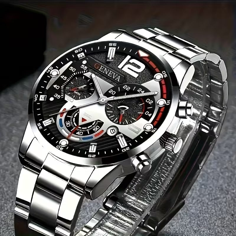 4-Piece Men's Fashion Watch Set, Quartz Sports Watch with Round Zinc Alloy Case
